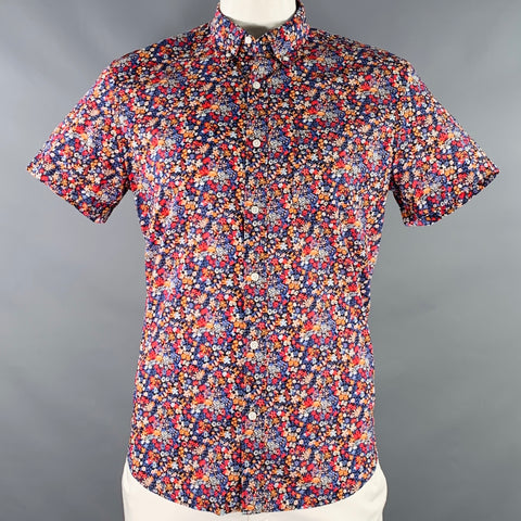 J.CREW Size L Blue Orange Floral Cotton One Pocket Short Sleeve Shirt