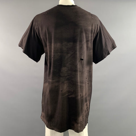 BALMAIN Size XL Black Tan Distressed Cotton T Shirt
