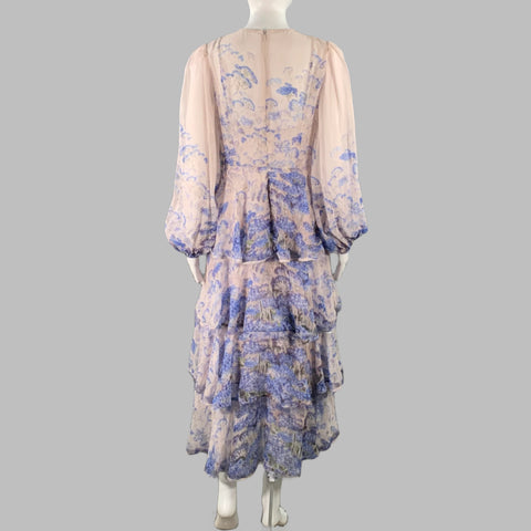 ZIMMERMANN Size S Blue Lilac Cotton Silk Floral Tiered Long Sleeve Dress