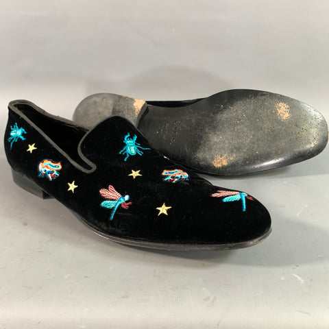 PAUL SMITH Size 11 Black Multi Color Embroidery Velvet Slip On Loafers