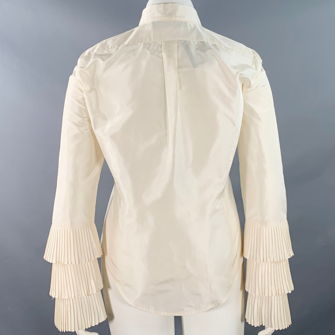 OSCAR DE LA RENTA Size 10 Cream Taffeta Long Sleeve Pleated Blouse