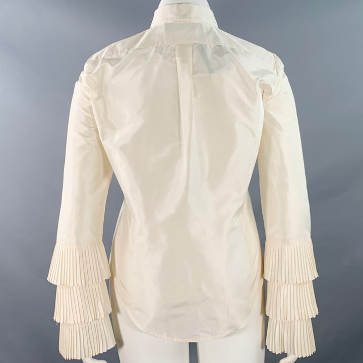 OSCAR DE LA RENTA Size 10 Cream Taffeta Long Sleeve Pleated Blouse