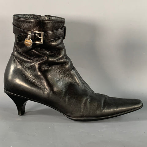 PRADA Size 7 Black Leather Kitten Heel Side Zipper Belted Ankle Boots