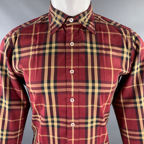 BURBERRY Taille M Chemise à manches longues boutonnée en coton à carreaux bordeaux kaki et noir