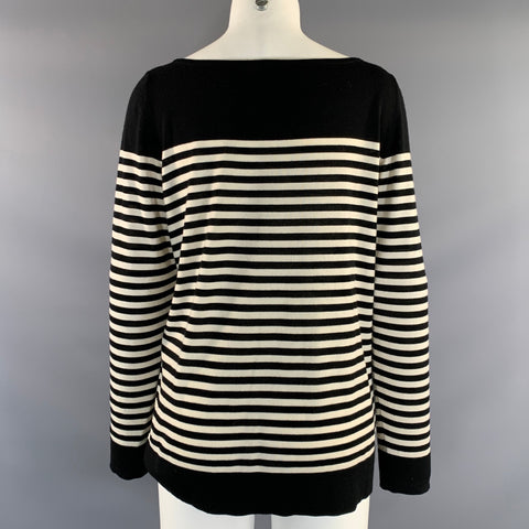 AKRIS Size M White Black Wool Stripe Scoop Neck Pullover Womens