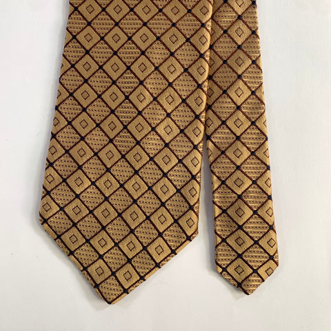 GUGLIELMO CONTE Gold Brown Navy Diamond Grid Check Silk Tie