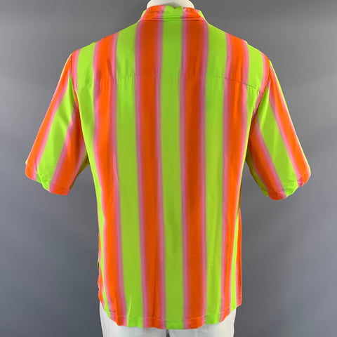 SANDRO SS2020 Size XXL Green Orange & Pink Stripe Viscose Button Up Short Sleeve Shirt