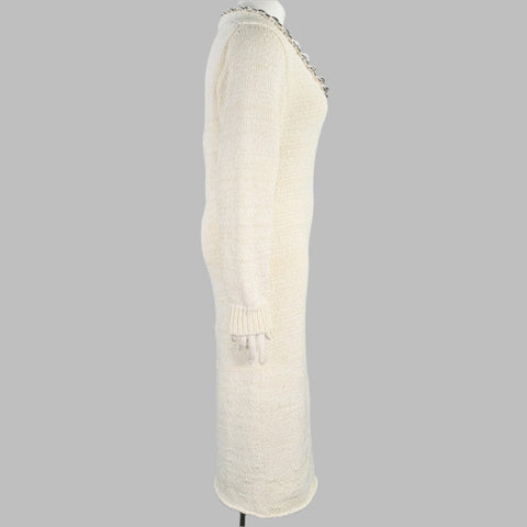 BOTTEGA VENETA Pre-Fall 2020 Size L Beige Silver Cotton Blend Chain Long Sleeve Dress