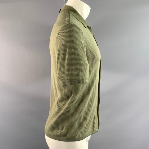 RAG & BONE Size S Green White Knit Cotton Blend Button Up Short Sleeve Shirt