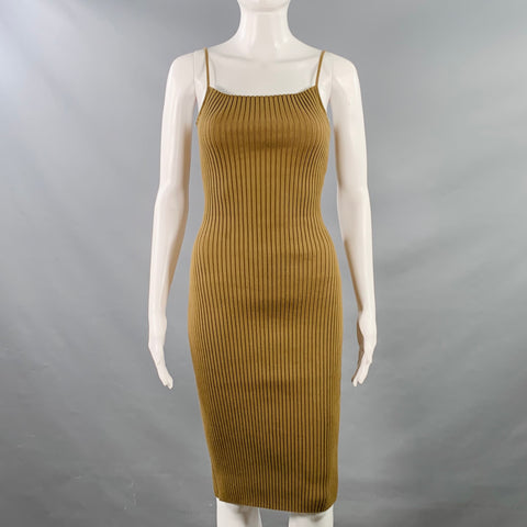 PRADA Size S Brown Cotton Rib Knit Spaghetti Straps Knee Length Dress