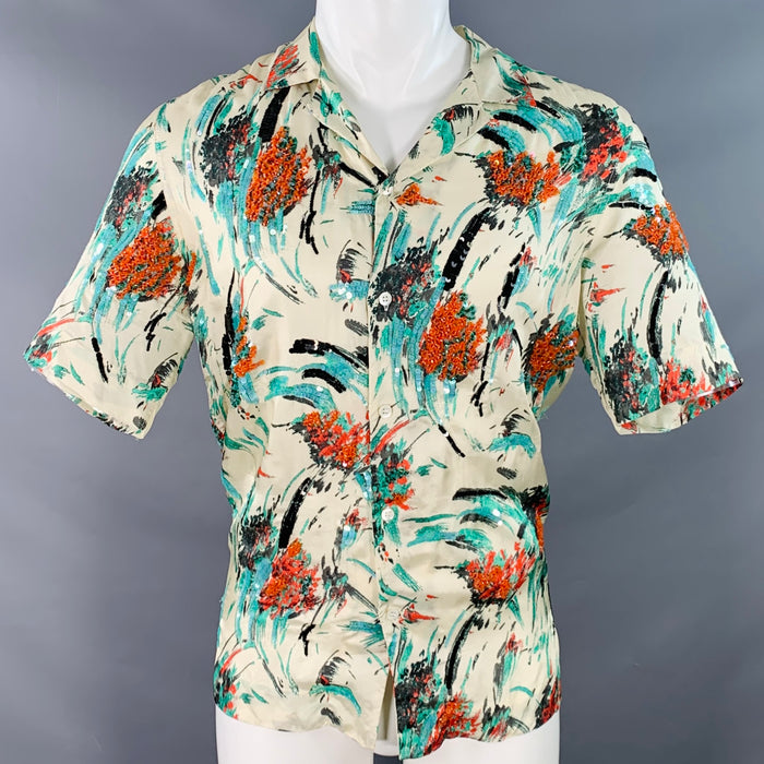DRIES VAN NOTEN Size XS Cream Green Red Sequined Floral Viscose Camp Short Sleeve Shirt