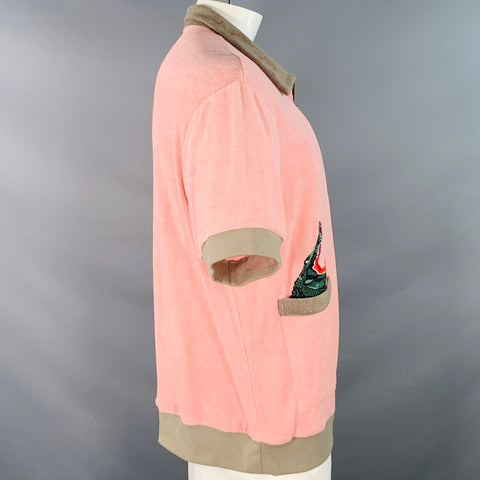 TOMBOLO Size XL Flamingo Tartare Pink Taupe Applique Organic Cotton 1/4 Zip Short Sleeve Shirt