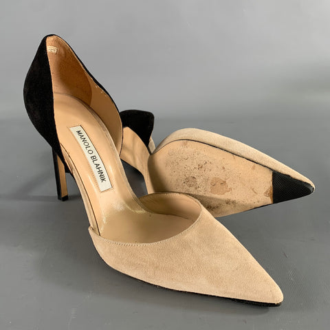 MANOLO BLAHNIK Size 9.5 Tan Black Suede Two Tone Suede Pointed Toe Pumps