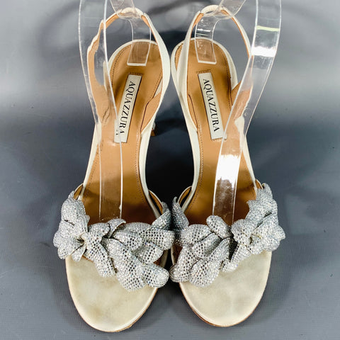 AQUAZZURA Size 8 Silver Silk Floral Rhinestone Embellishment Slingback Sandals