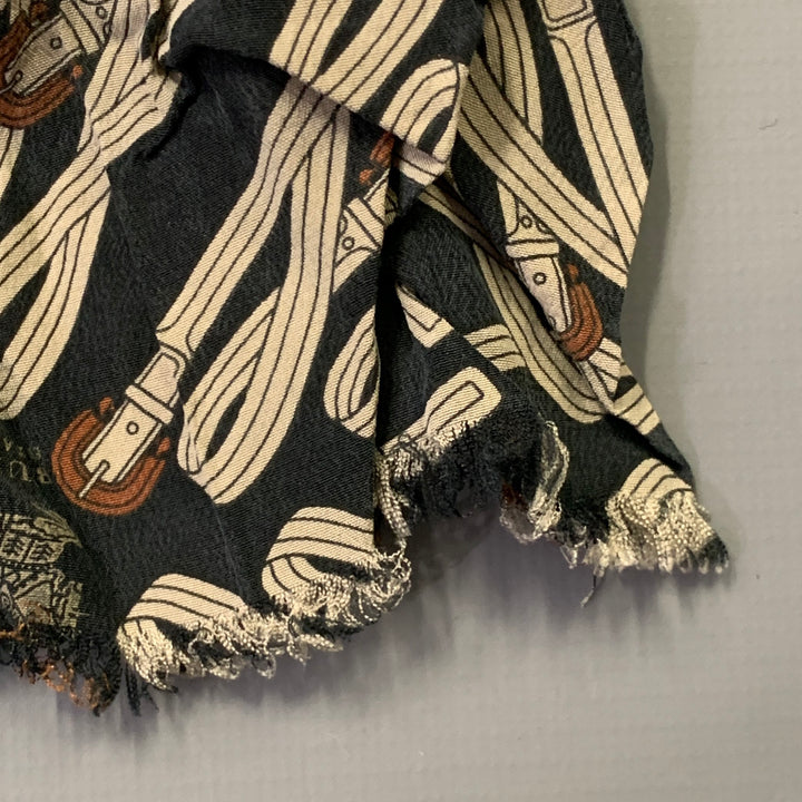 BURBERRY LONDON Navy Grey Knots Silk Raw Edge Fringe Scarf