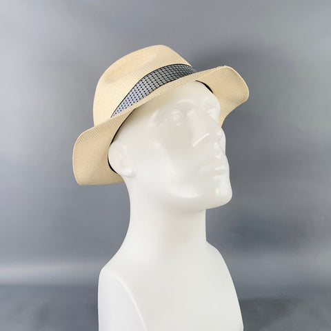 BORSALINO x PORK PIE HATTERS Cream Blue Woven Straw Fedora Hat