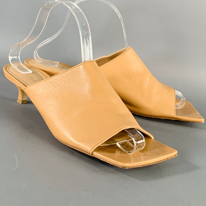 BOTTEGA VENETA Size 10 Tan Leather Square Toe Kitten Heel Mules Sandals