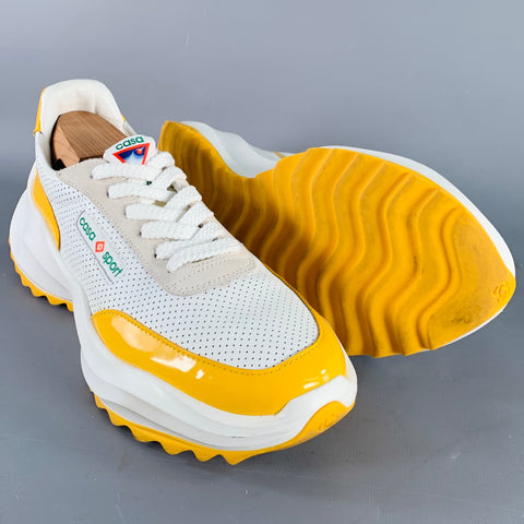 CASABLANCA Size 10.5 White Yellow Perforated Leather Lace-Up Color Block Sneakers
