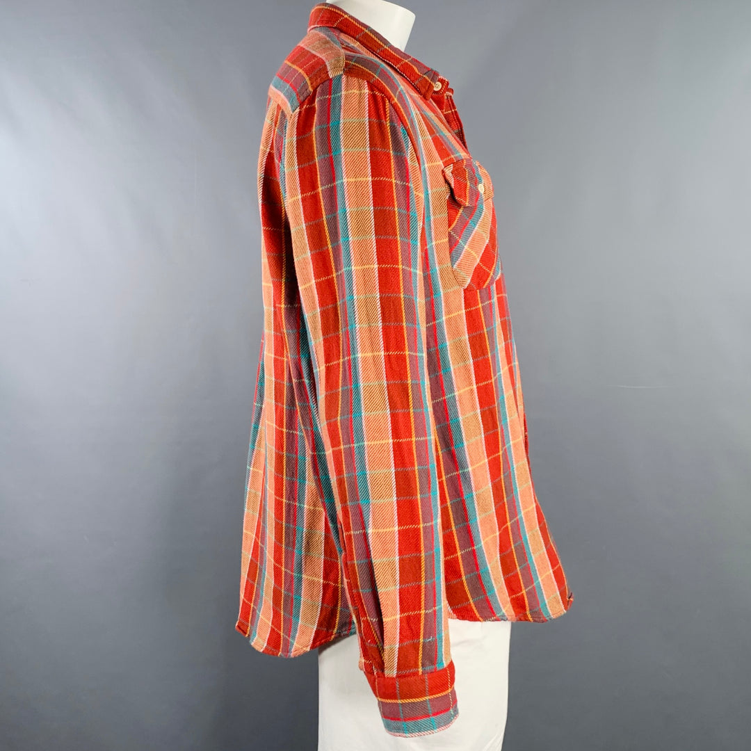 LEVI'S VINTAGE CLOTHING Size XL Red Orange Blue Plaid Cotton Long Sleeve Shirt