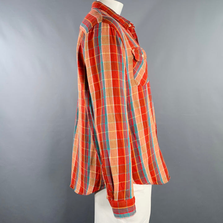 LEVI'S VINTAGE CLOTHING Size XL Red Orange Blue Plaid Cotton Long Sleeve Shirt