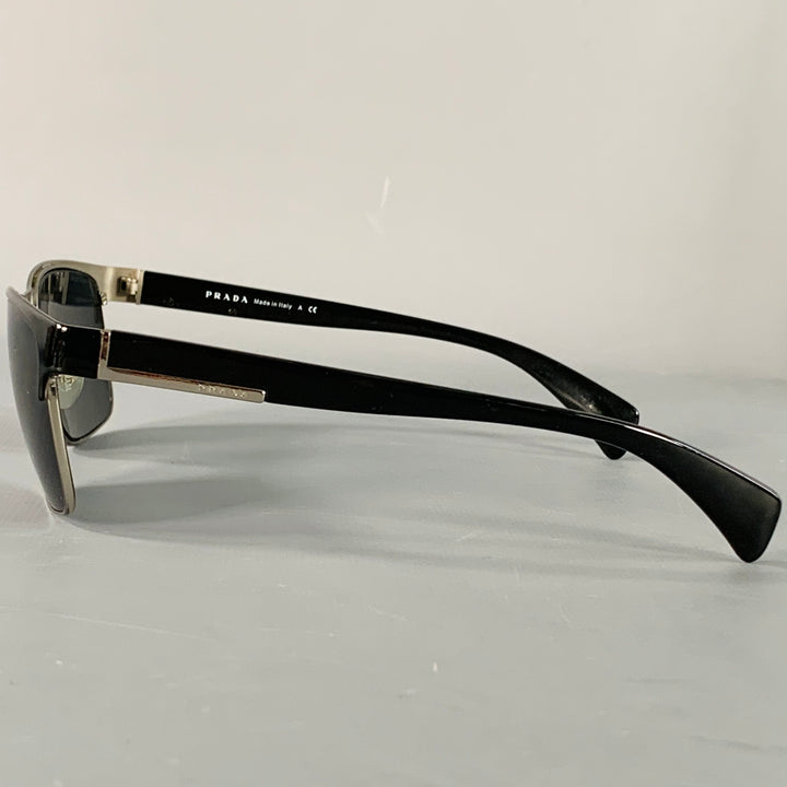 PRADA Black Silver Acetate Metal Semi Rimless Sunglasses