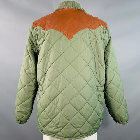 RRL by RALPH LAUREN Size XL Oilcloth Bomber Green Brown Quilted Reversible Nylon Leather Snaps Jacket