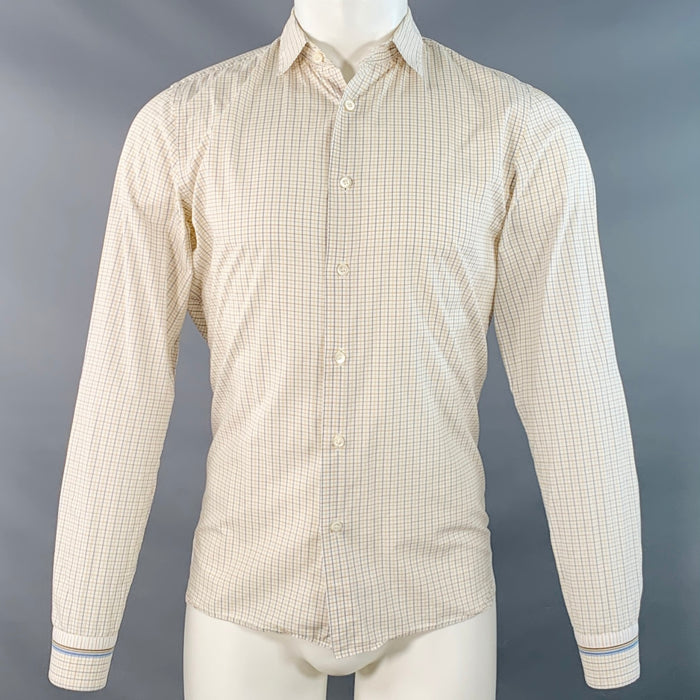 PRADA Size S White Multi Color Checkered Cotton Point Collar Long Sleeve Shirt