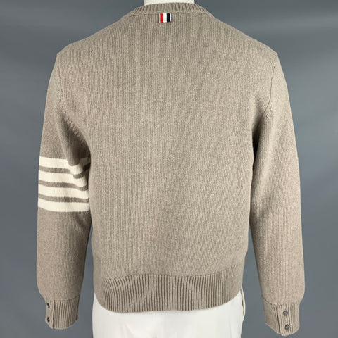 THOM BROWNE Size XL Oatmeal White Stripe Wool Knit Crew-Neck Sweater