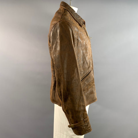 VISVIM Size L Brown Distressed Leather Zip Up Jacket