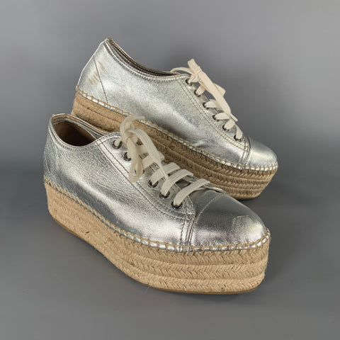 MIU MIU Size 8 Silver Espadrille Platform Sneakers