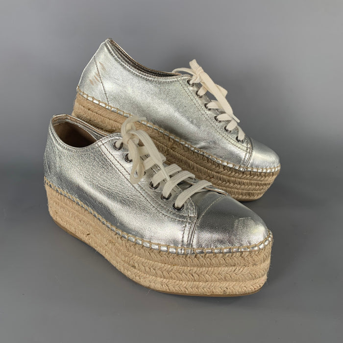 MIU MIU Size 8 Silver Espadrille Platform Sneakers