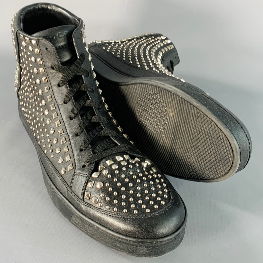 GUCCI Limited Edition Size 14 Black Silver Studded Leather High Top Sneakers