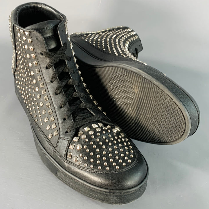 GUCCI Limited Edition Size 14 Black Silver Studded Leather High Top Sneakers
