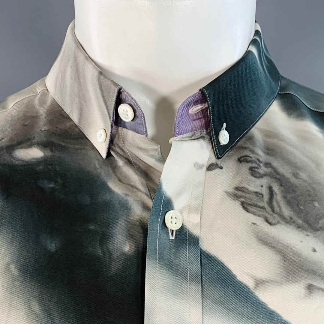 PATRIK ERVELL FW12 Size M Grey Ivory Marbled Silk Twill Button Down Collar Long Sleeve Shirt