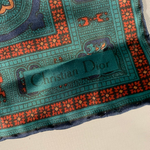 CHRISTIAN DIOR Green Burnt Orange Paisley Silk Pocket Square