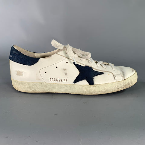 GOLDEN GOOSE Size 9 White Navy Logo Leather Skater Sneakers