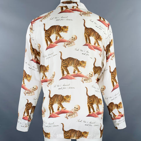 ENDLESS JOY Size M White Brown Tiger Skeleton Print Rayon Long Sleeve Shirt