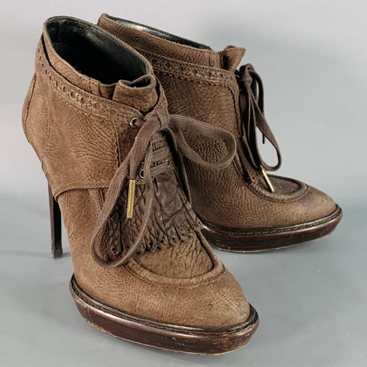 BURBERRY PRORSUM Size 9 Howcroft Brown Leather Fringe Lace-Up Platform Booties Pumps