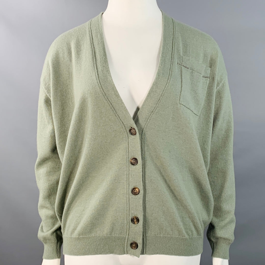 BRUNELLO CUCINELLI Size L Sage Green Cashmere Monili Beaded One Pocket V-Neck Cardigan