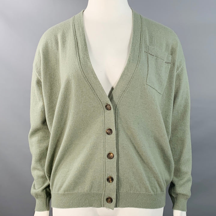 BRUNELLO CUCINELLI Size L Sage Green Cashmere Monili Beaded One Pocket V-Neck Cardigan