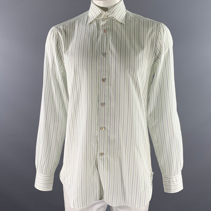 KITON Size L White Green Navy Pinstripe Cotton Long Sleeve Shirt