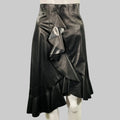 A LANVIN 2016 black leather ruffled lambskin tulip knee-length skirt displayed on a mannequin against a grey background.