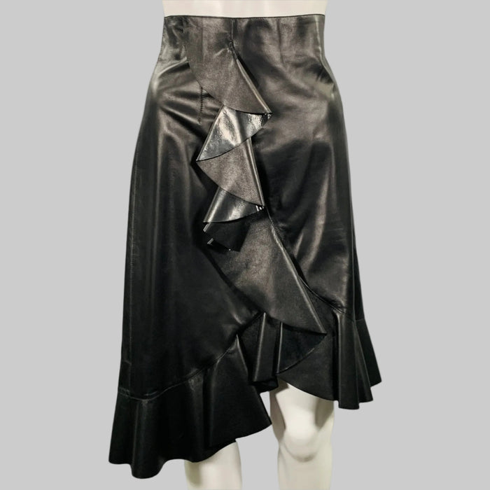 LANVIN 2016 Size M Black Leather Ruffled Lambskin Tulip Knee Length Skirt