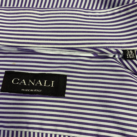 CANALI Size L White Purple Stripe Cotton French Cuff Long Sleeve Shirt
