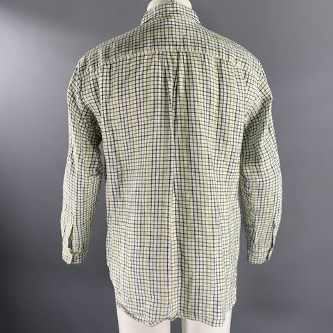 TS (S) Size M White Green Black Check Linen Pointed Collar Long Sleeve Shirt