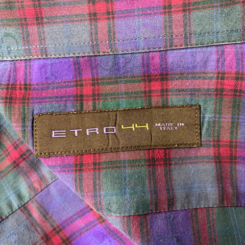 ETRO Size XL Purple Red Green Plaid Pointed Collar Long Sleeve Shirt
