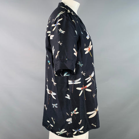 VALENTINO Size XL Black Multi Color Dragonflies Silk One Pocket Camp Short Sleeve Shirt