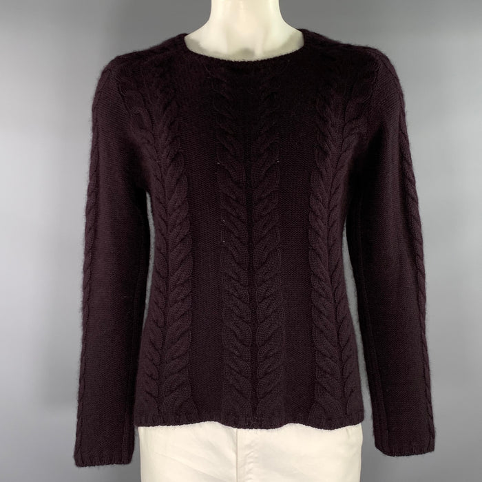GUCCI Size L Burgundy Cable Knit Angora silk Crew Neck Sweater