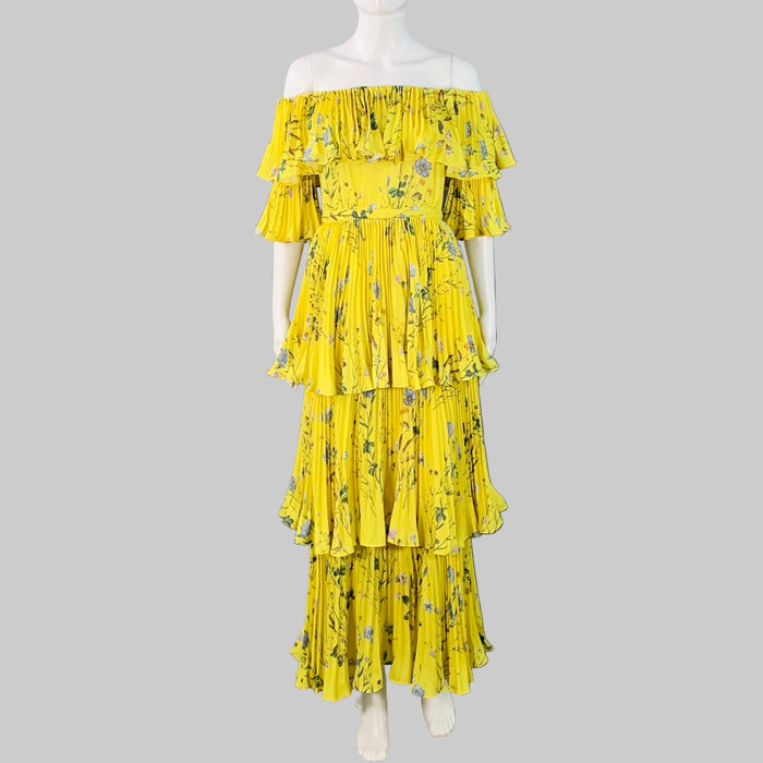 SELF-PORTRAIT Size 4 Yellow Blue Polyester Floral Pleated Off Shoulder Dress