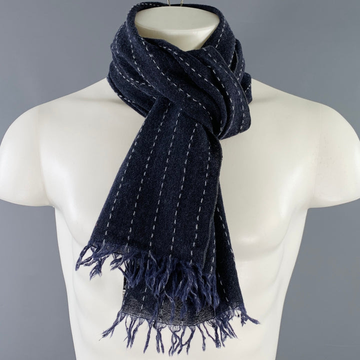 OLIVER SPENCER Navy Grey Stripe Virgin Wool Scarf